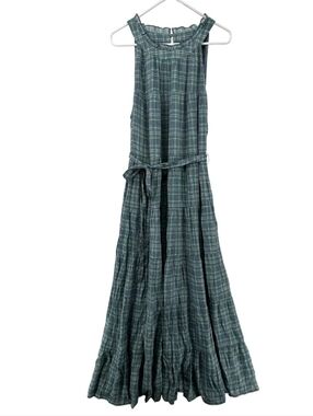 Torrid Maxi Dress Womens 1X Blue Green Plaid Sleeveless Belted Tiered Pockets